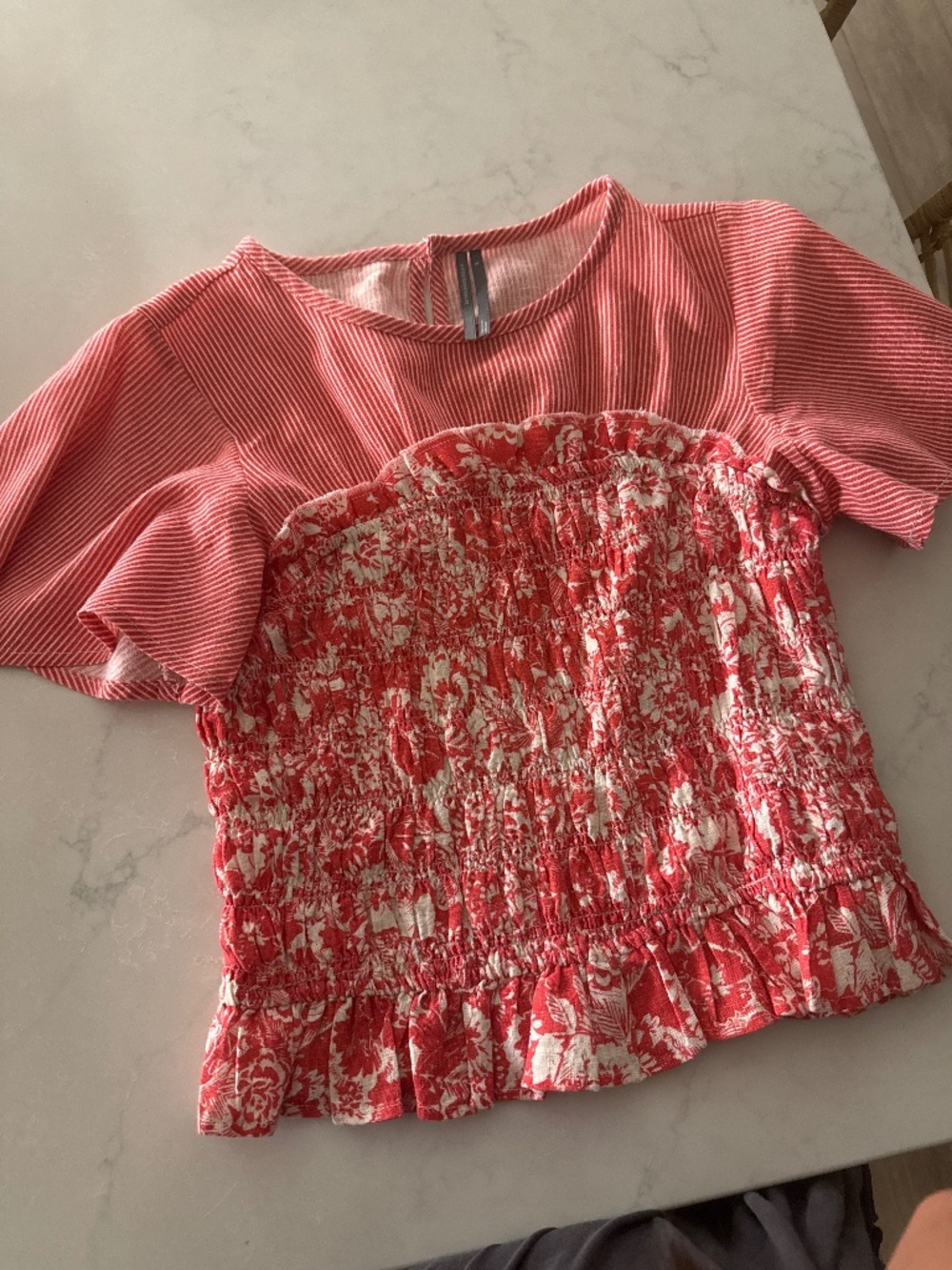 Anthropologie Red and white smocked corset like Top